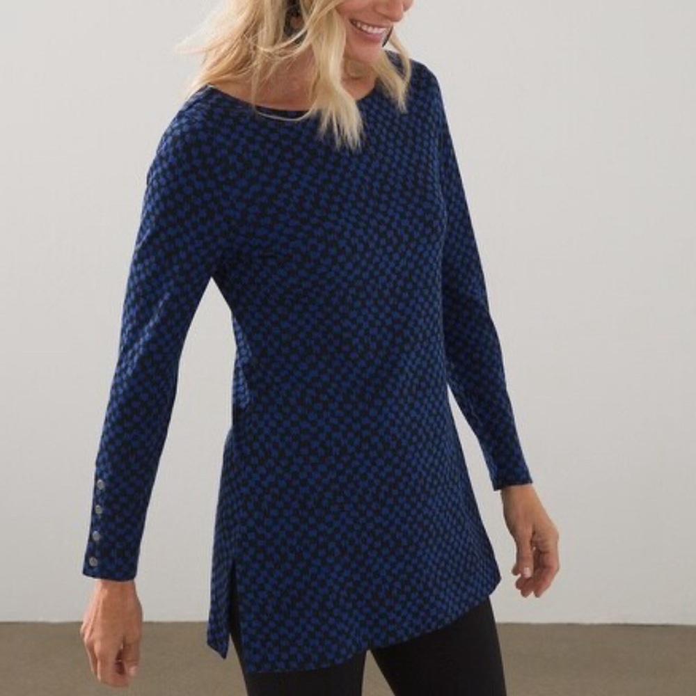 Chico’s Pima Cotton Button Sleeve Checker Womens Tunic Size 3 (XL) classic chic